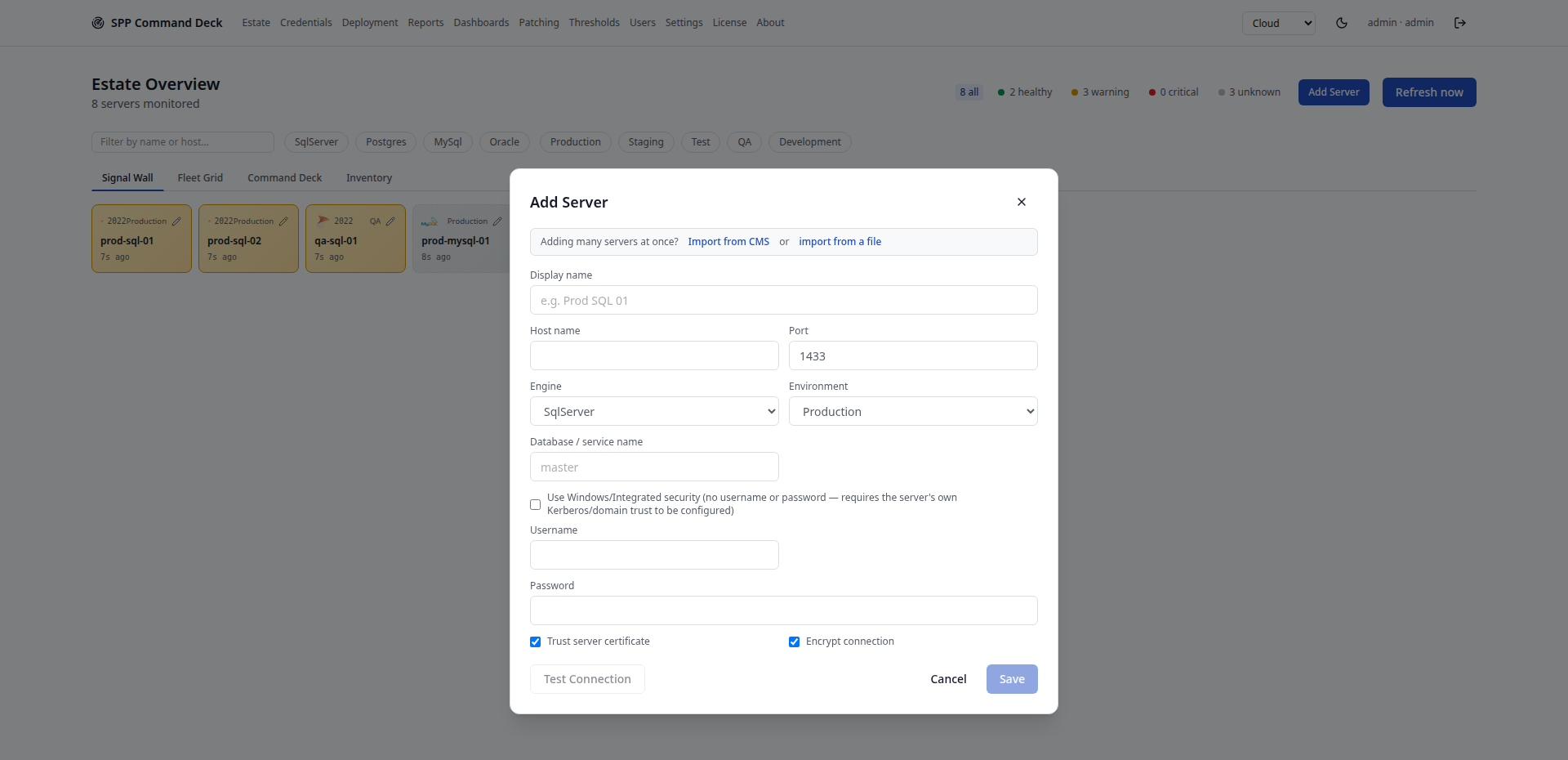 Add or Edit Server dialog with connection fields and a Test Connection button