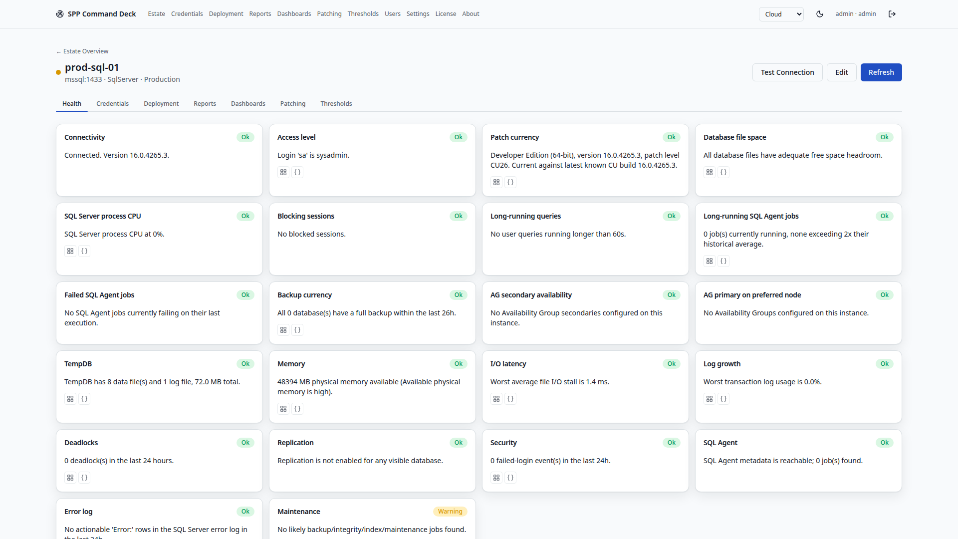 Server Detail page showing a grid of health check panels for one server