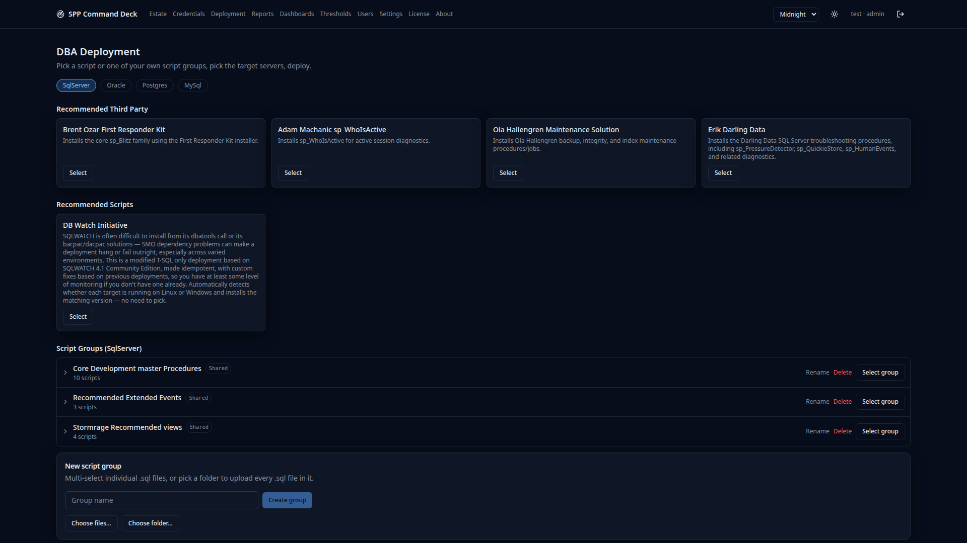 DBA Deployment page listing recommended scripts per engine