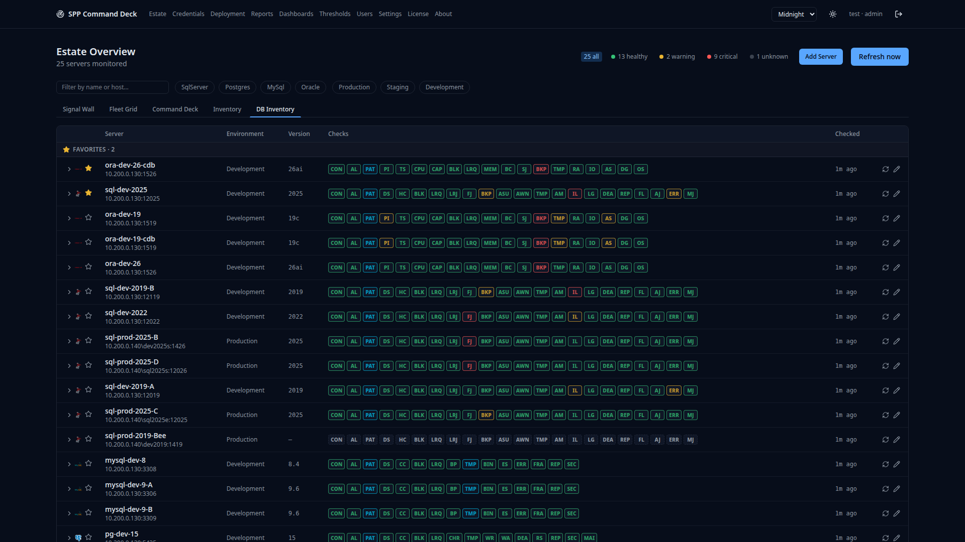 DB Inventory view expanded to show per-database check results