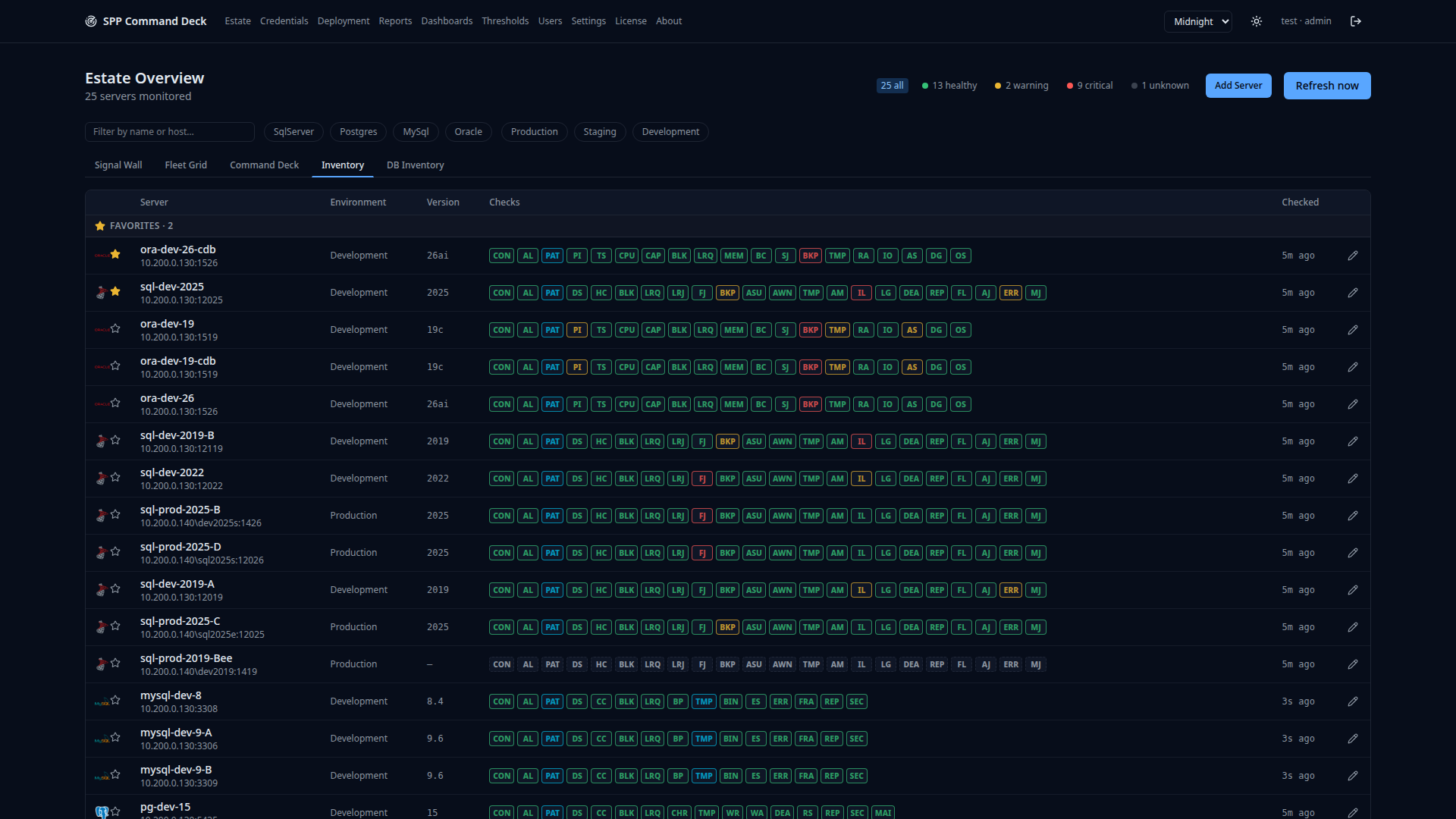 Inventory view listing every server as sortable rows