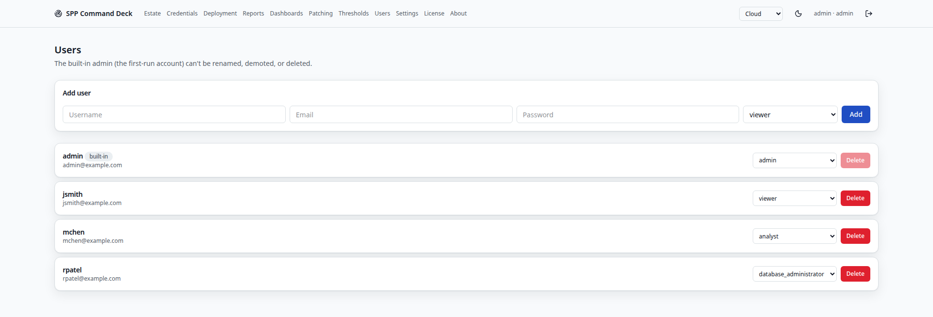 Users page showing a list of accounts with assigned roles